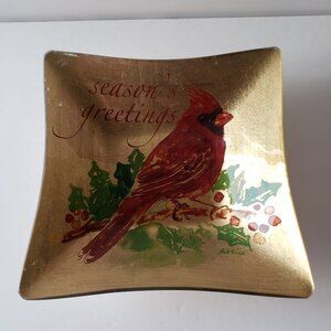 Seasons Greetings Glass Dish with Red Cardinal - Christmas